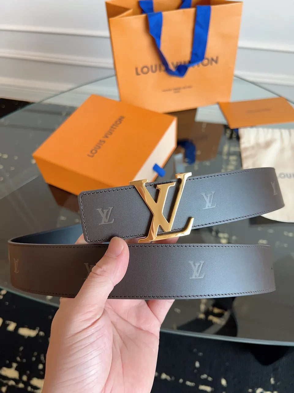 gold Louis Vuitton Gray Leather Belt - Hình 5