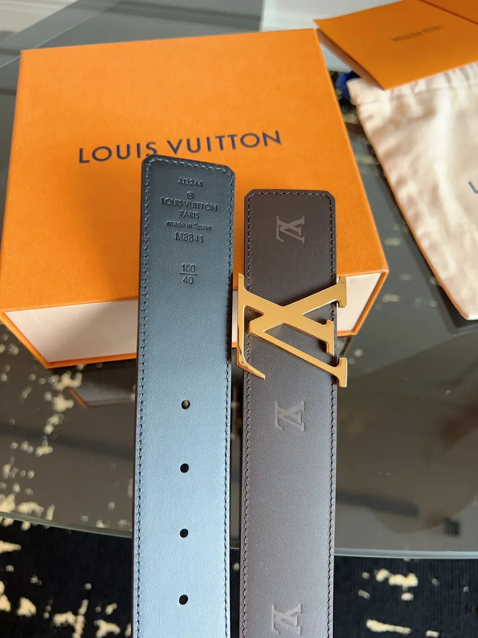 gold Louis Vuitton Gray Leather Belt - Hình 6