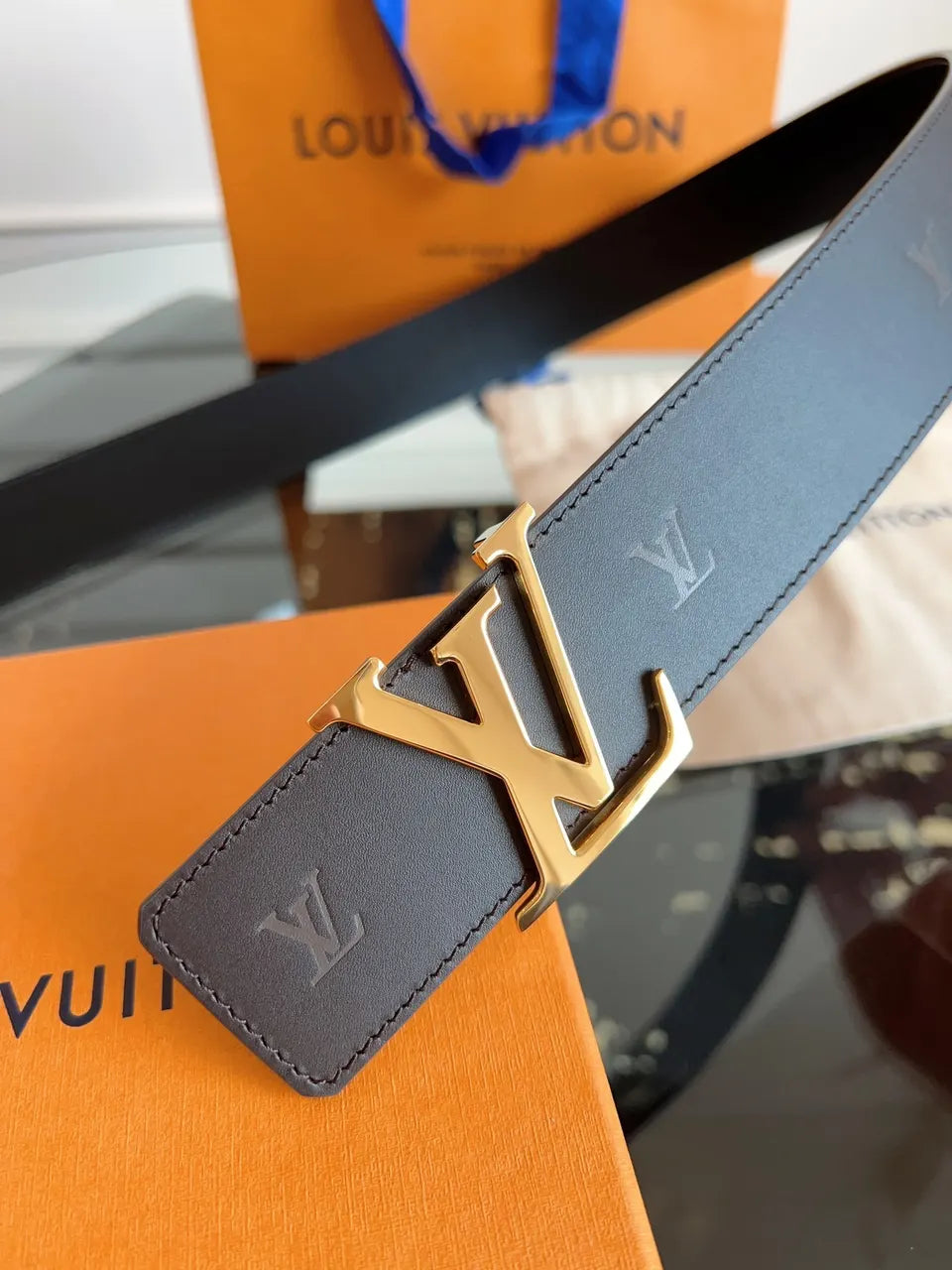 gold Louis Vuitton Gray Leather Belt - Hình 7