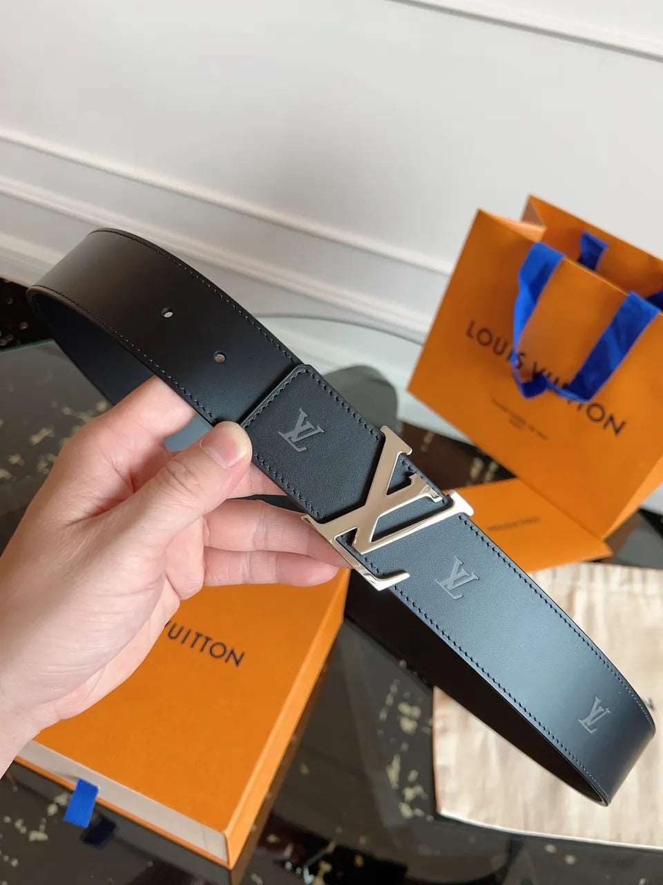 black Louis Vuitton Monogram Belt - Hình 3