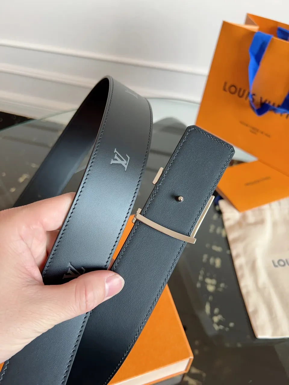 black Louis Vuitton Monogram Belt - Hình 5