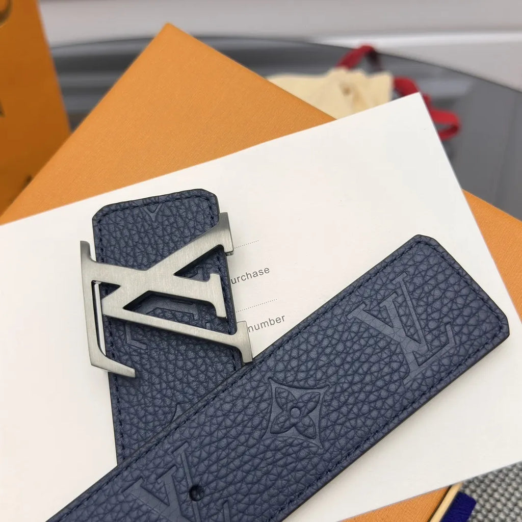 embossed Louis Vuitton Blue Leather Belt - Hình 5