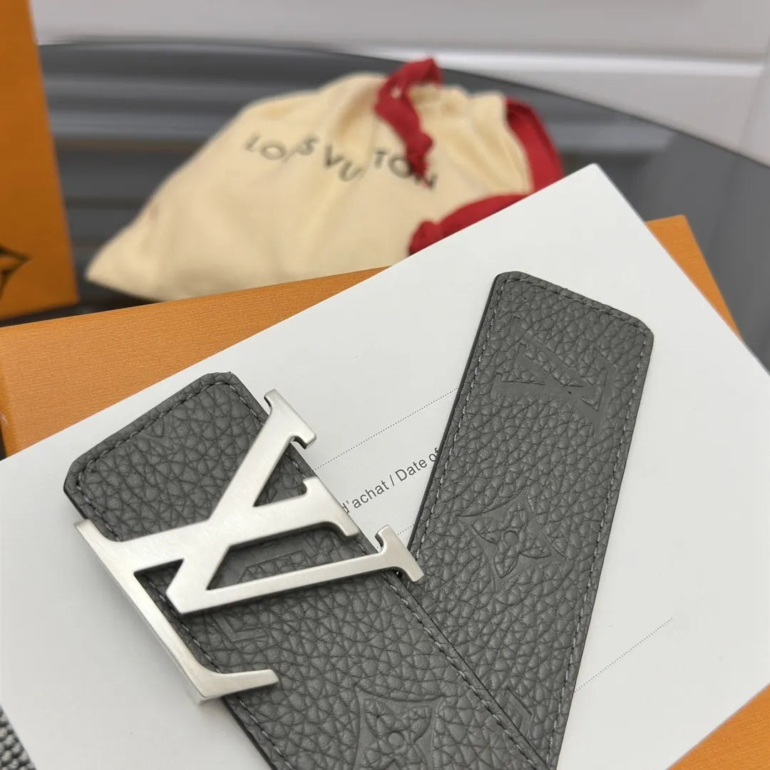 embossed Louis Vuitton Gray Leather Belt - Hình 4