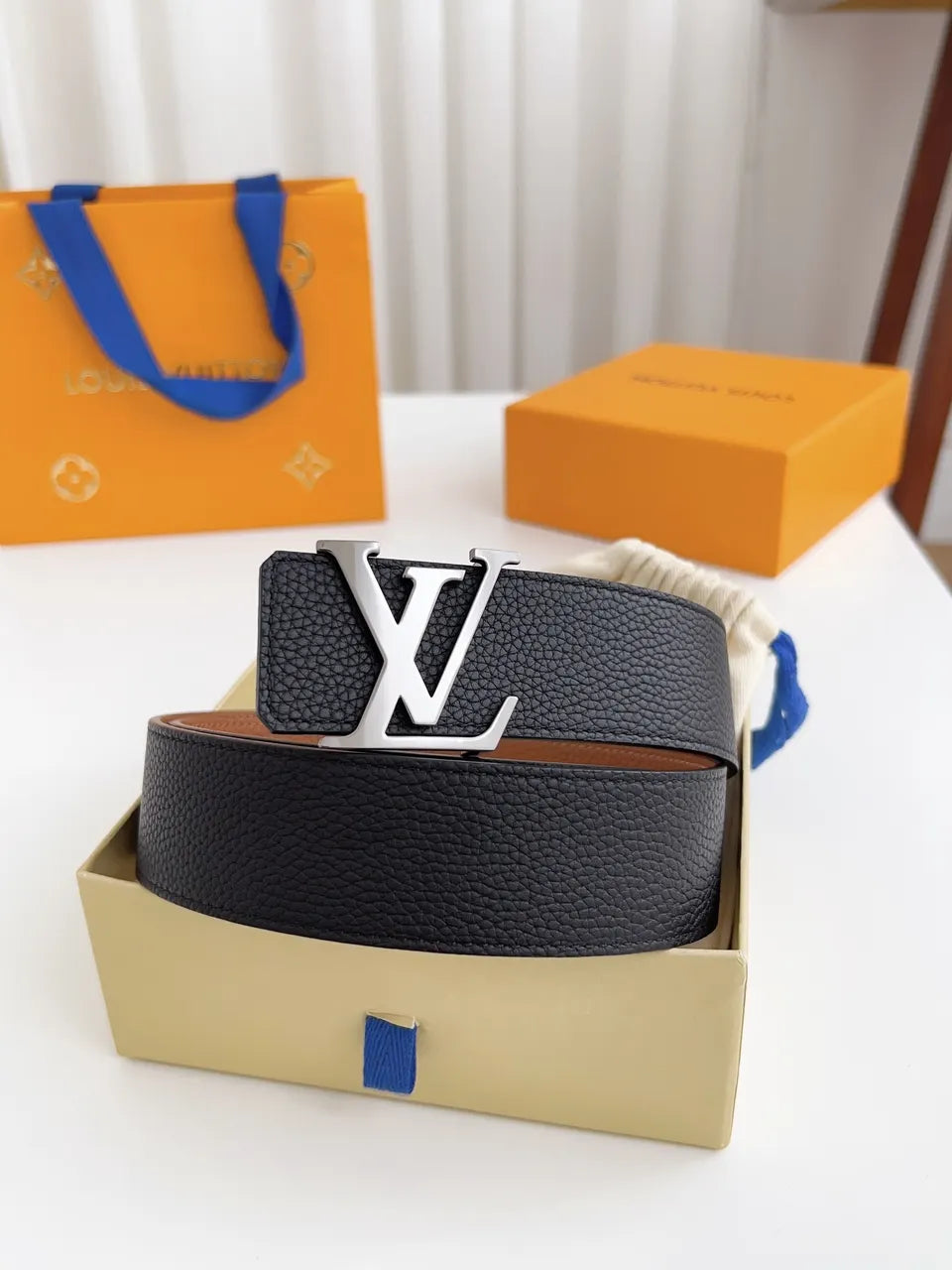 silver Louis Vuitton Black Leather Belt