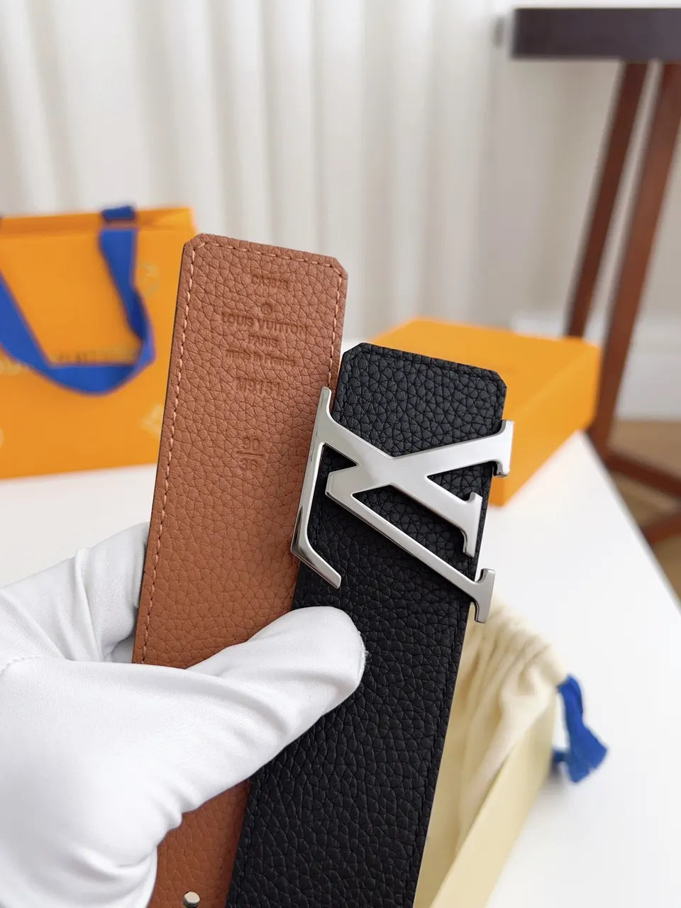silver Louis Vuitton Black Leather Belt - Hình 7