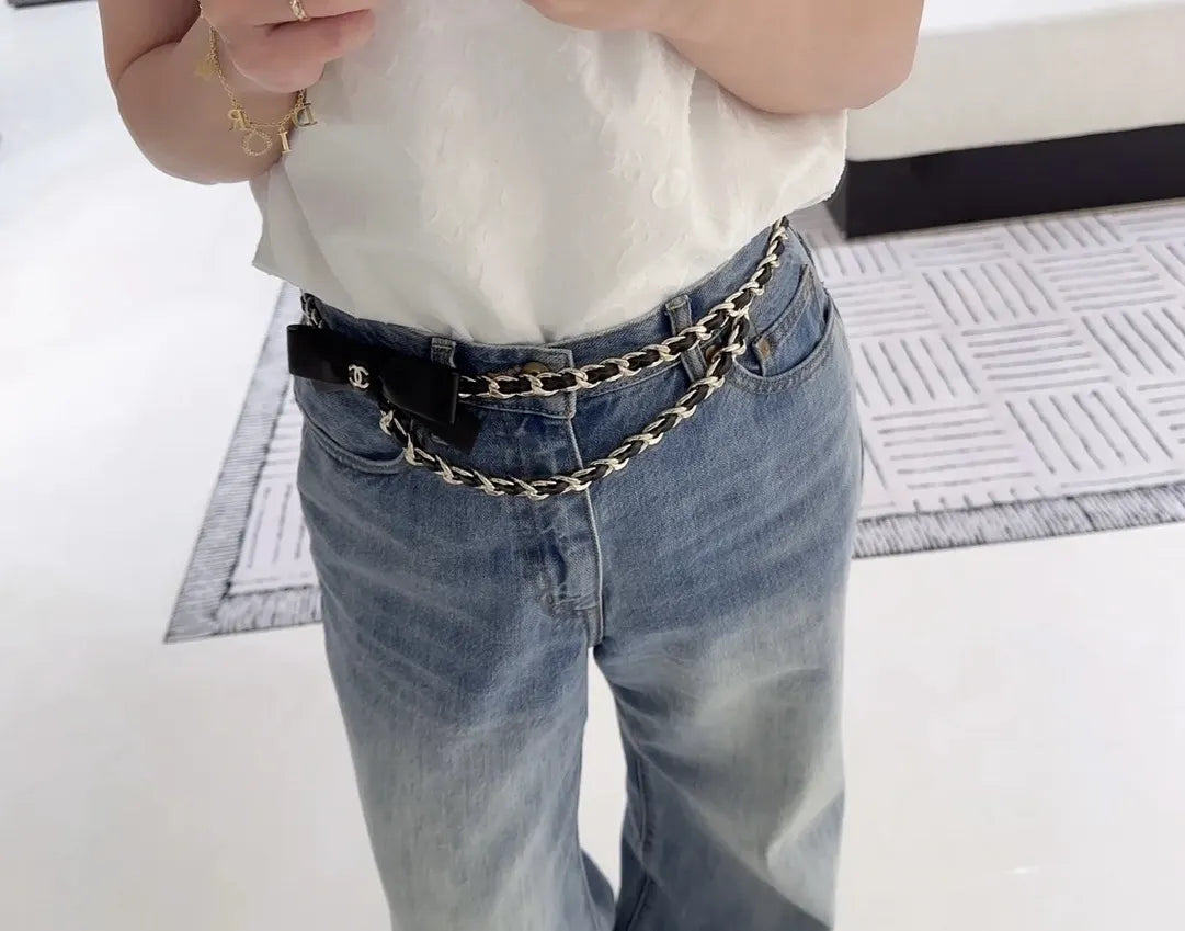 Chanel Black Leather Bow Chain Belt