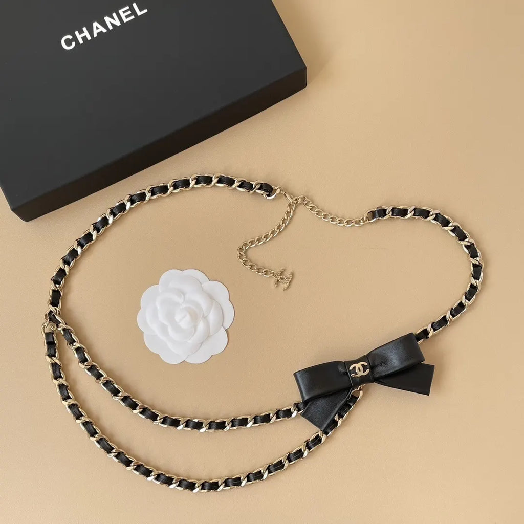 Chanel Black Leather Bow Chain Belt - Hình 3