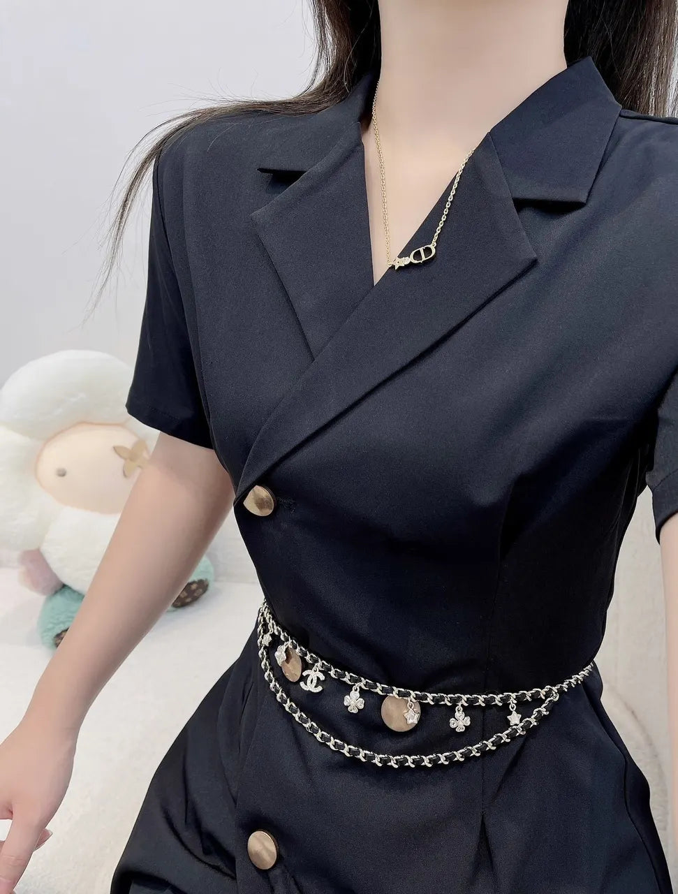 crystal Chanel Black Leather Chain Belt