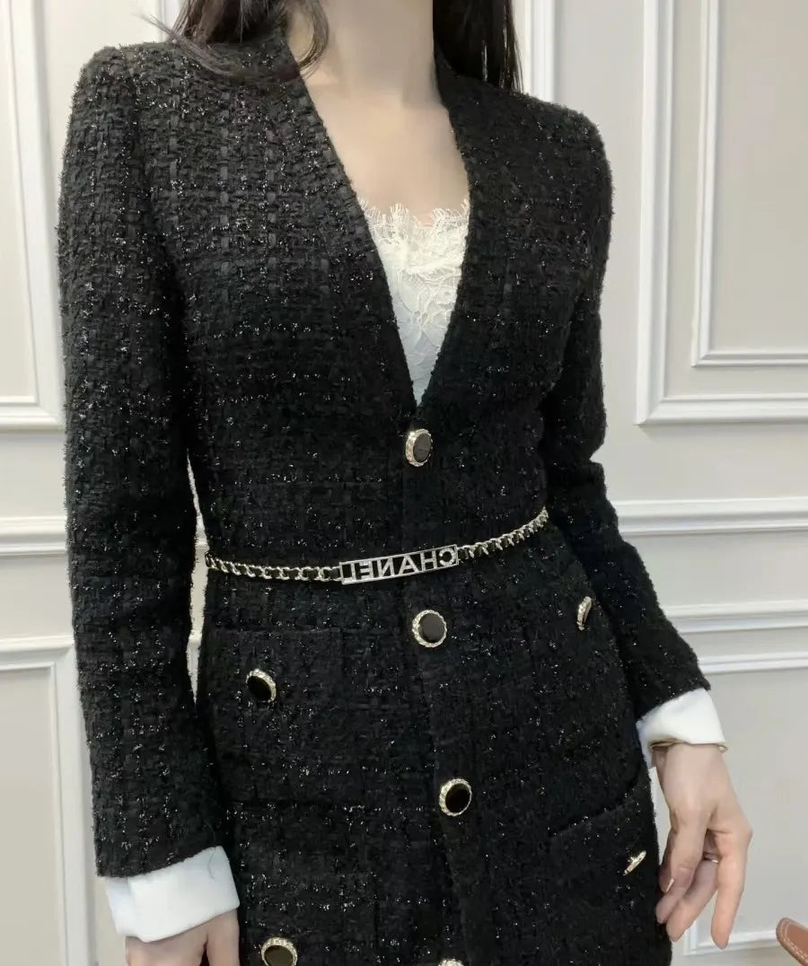 Chanel Black Tweed Dress Gold Chain Belt