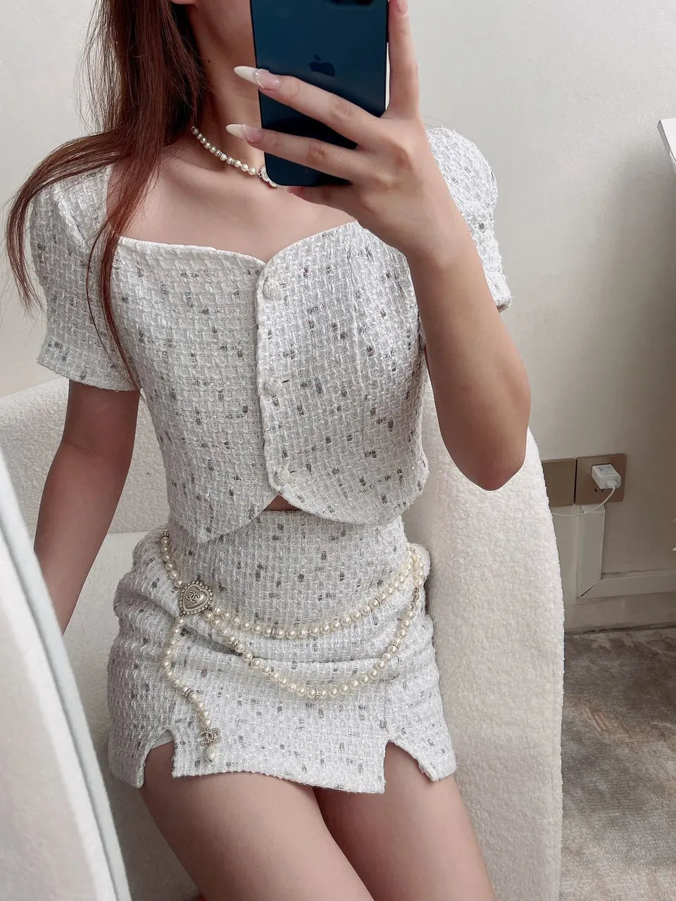 White Tweed Skirt Set - Hình 2