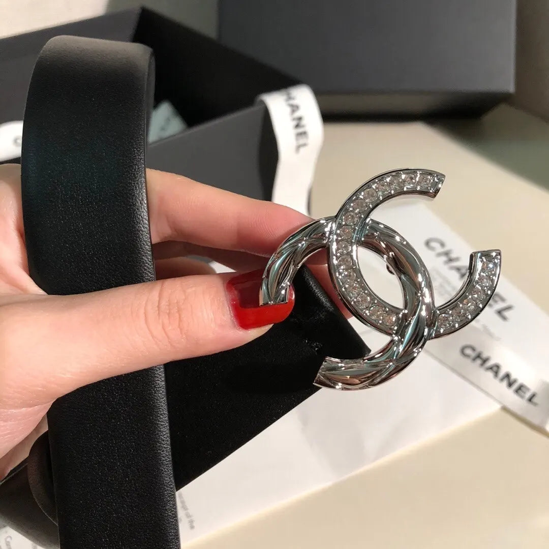 Chanel Black Leather Silver Crystal CC Belt