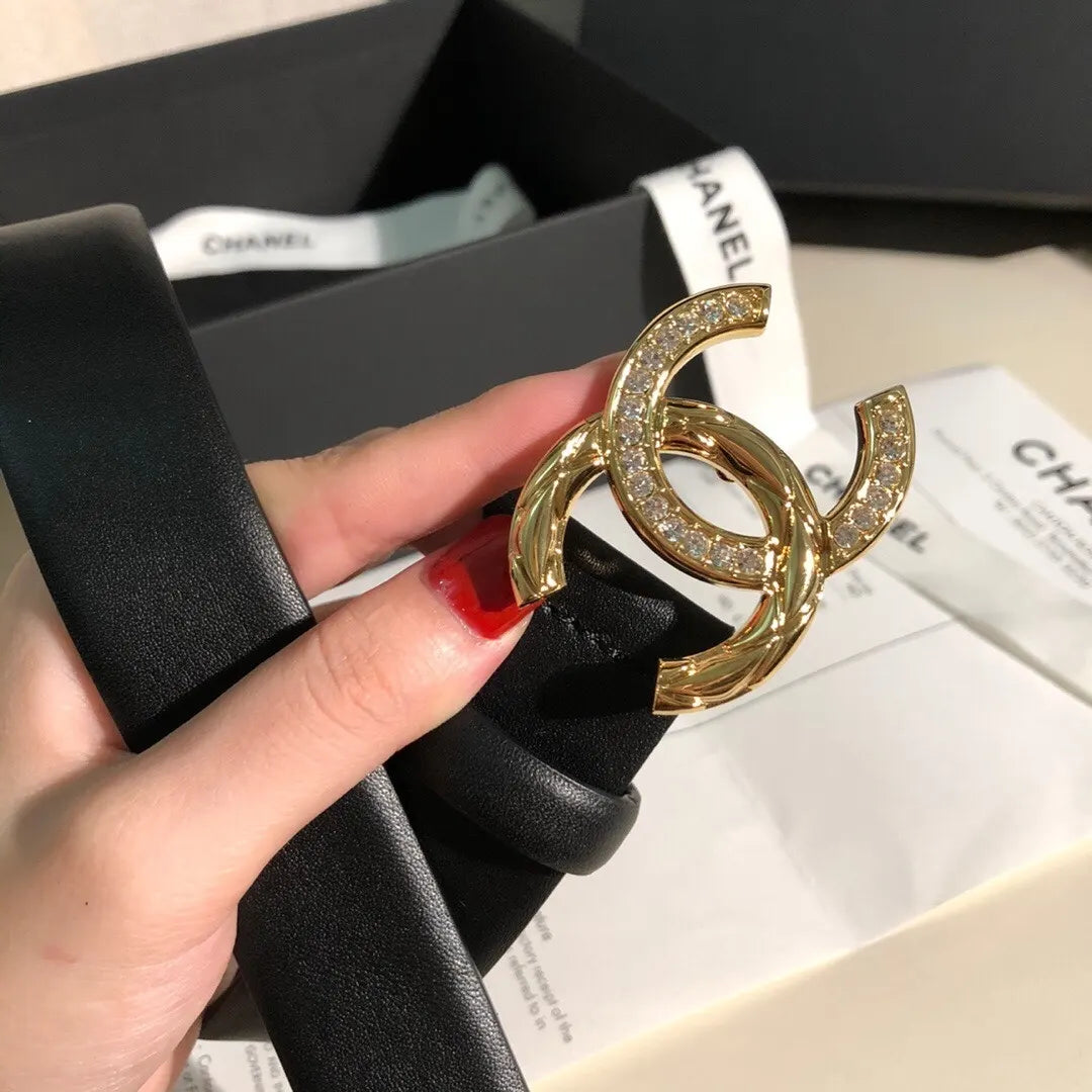 Chanel Black Leather Belt - Gold Crystal CC Buckle