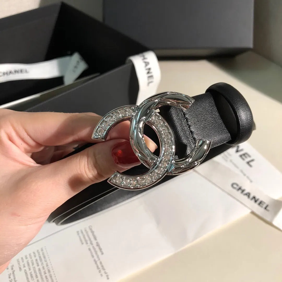 Chanel Black Leather Silver Crystal CC Belt - Hình 2