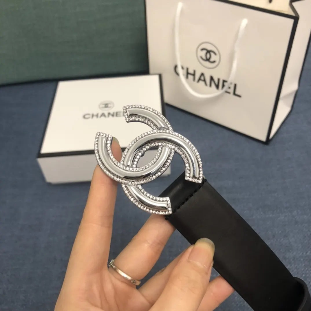 leather silver Chanel Crystal CC Black Belt