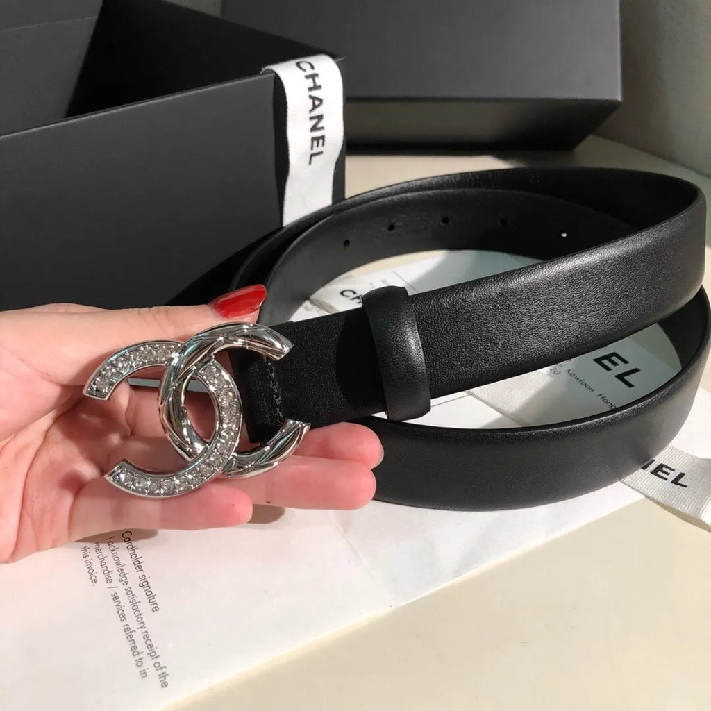 Chanel Black Leather Silver Crystal CC Belt - Hình 3