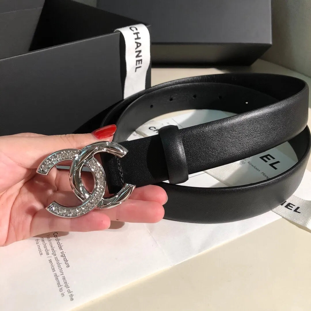 Chanel Black Leather Silver Crystal CC Belt - Hình 3