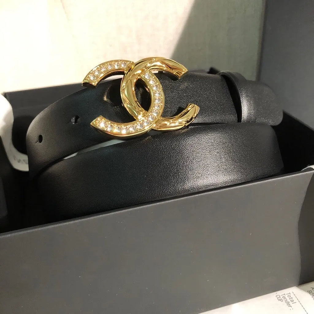 Chanel Black Leather Belt - Gold Crystal CC Buckle - Hình 2