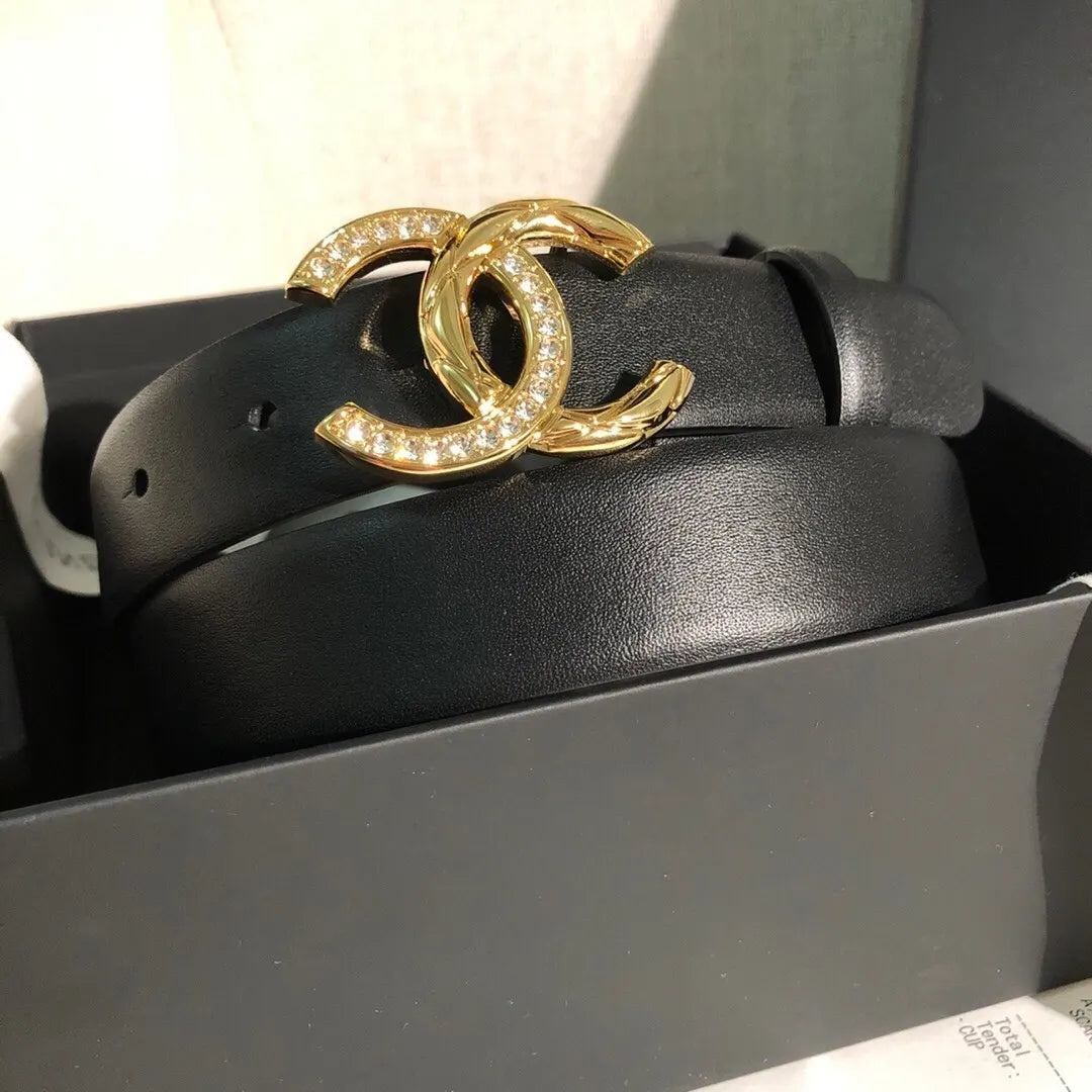 Chanel Black Leather Belt - Gold Crystal CC Buckle - Hình 2