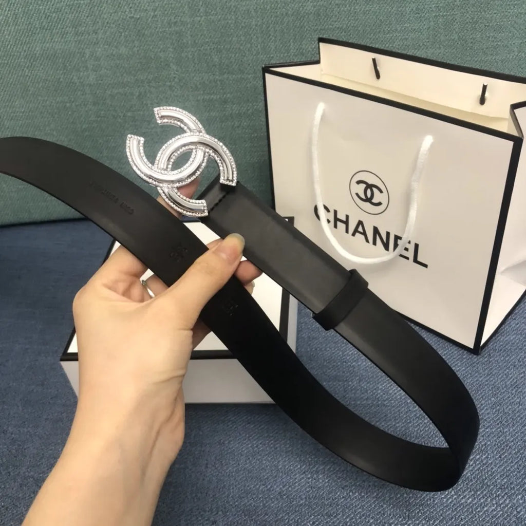 leather silver Chanel Crystal CC Black Belt - Hình 2