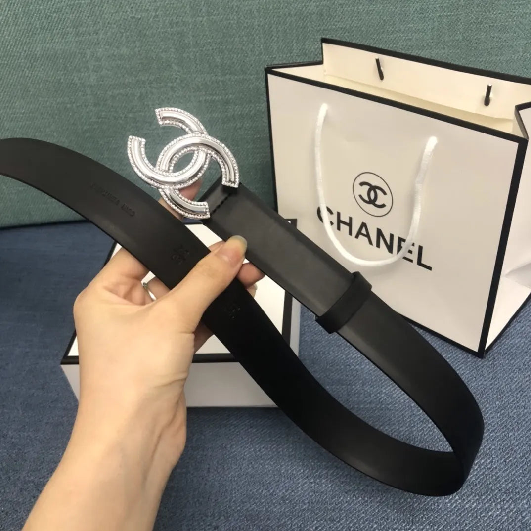 leather silver Chanel Crystal CC Black Belt - Hình 2