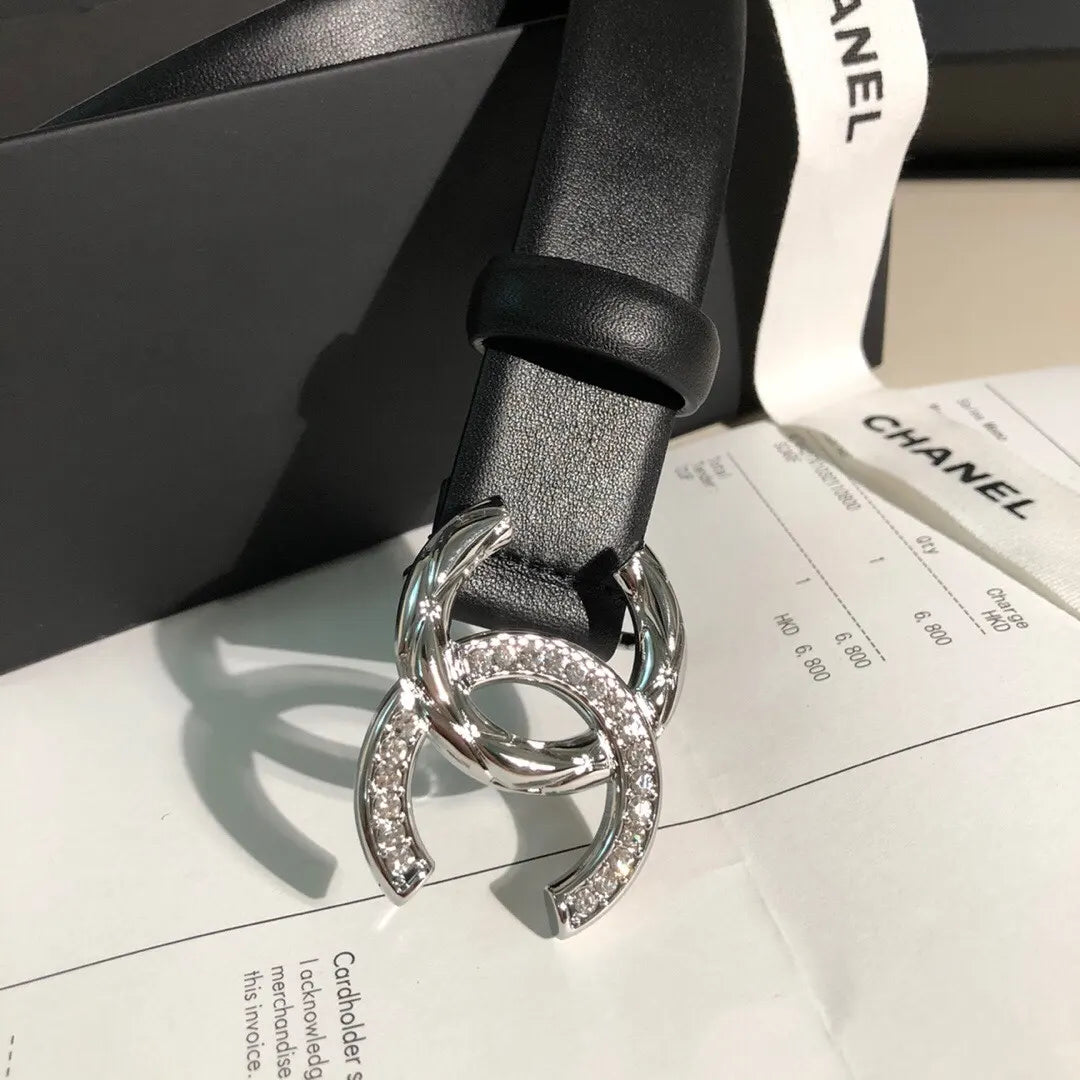 Chanel Black Leather Silver Crystal CC Belt - Hình 4