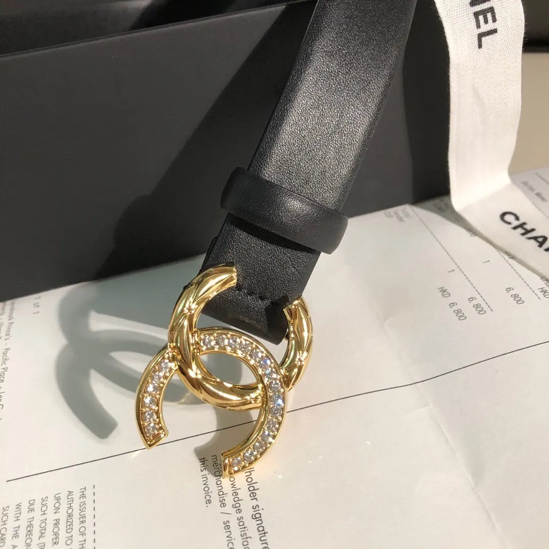 Chanel Black Leather Belt - Gold Crystal CC Buckle - Hình 3
