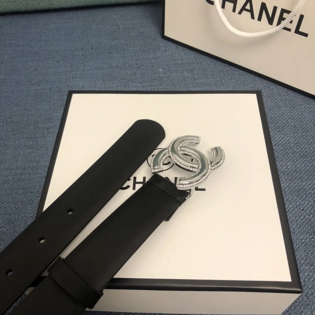 leather silver Chanel Crystal CC Black Belt - Hình 3