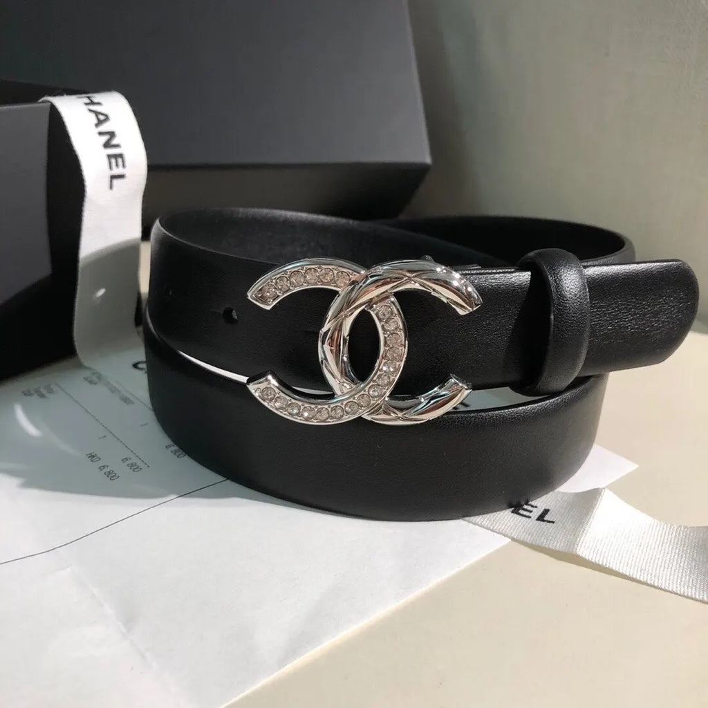 Chanel Black Leather Silver Crystal CC Belt - Hình 5