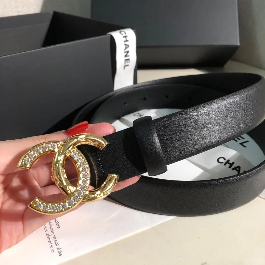 Chanel Black Leather Belt - Gold Crystal CC Buckle - Hình 4