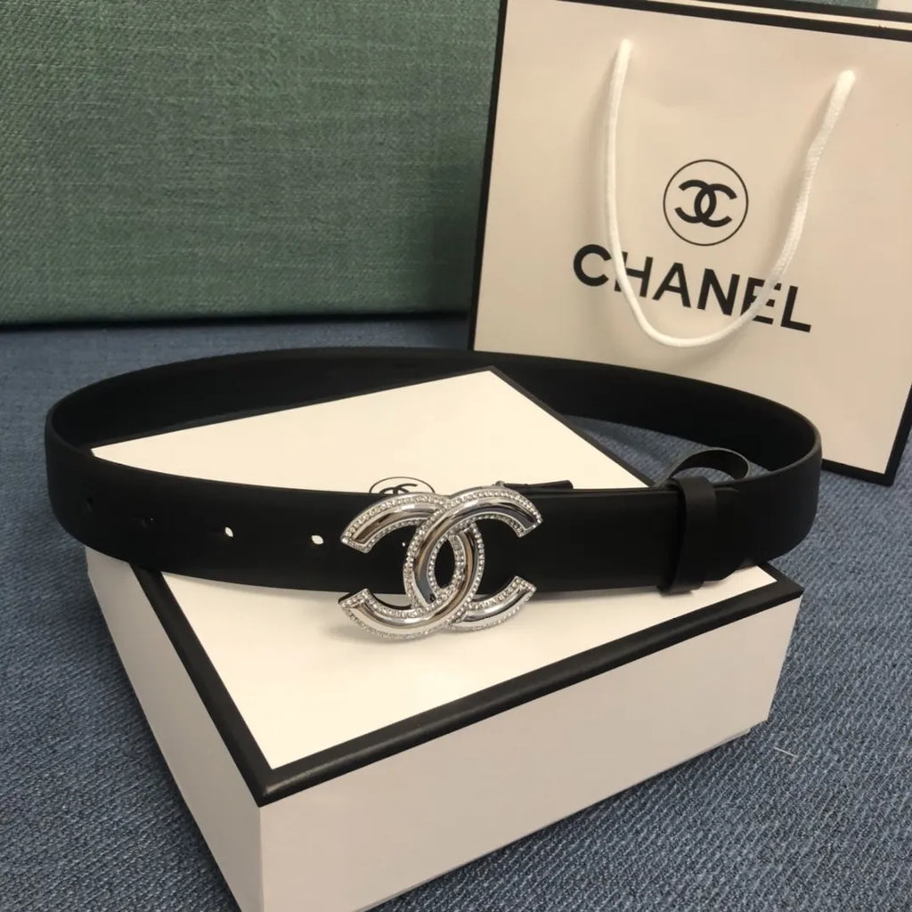 leather silver Chanel Crystal CC Black Belt - Hình 4
