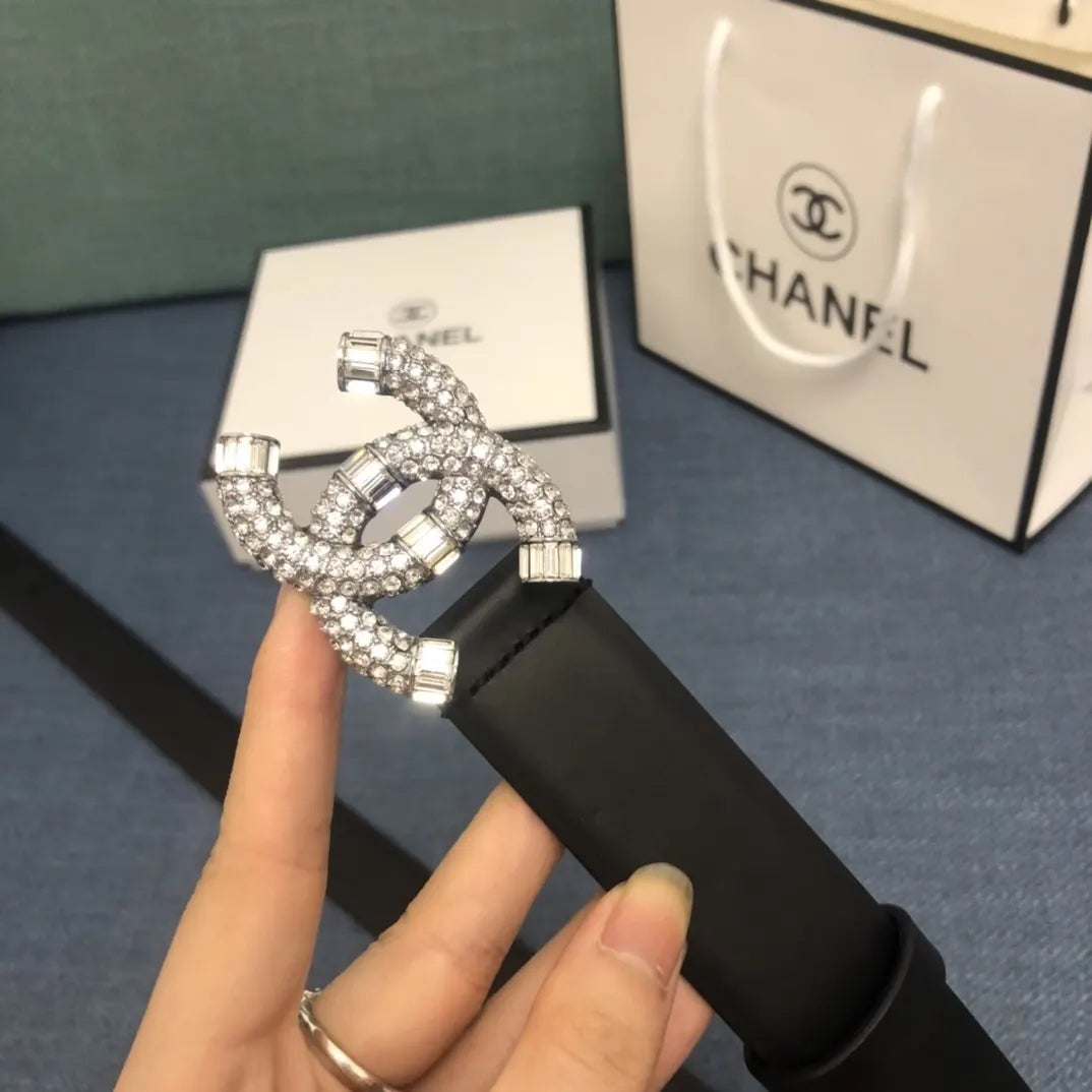 leather buckle Chanel Crystal CC Black Belt