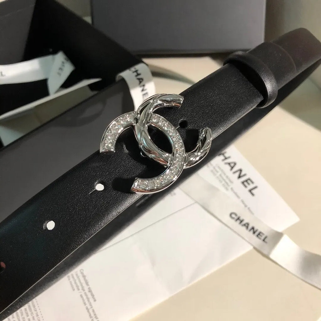 Chanel Black Leather Silver Crystal CC Belt - Hình 6