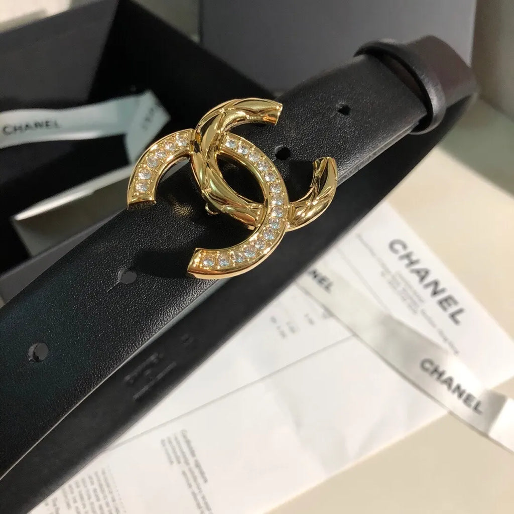 Chanel Black Leather Belt - Gold Crystal CC Buckle - Hình 5