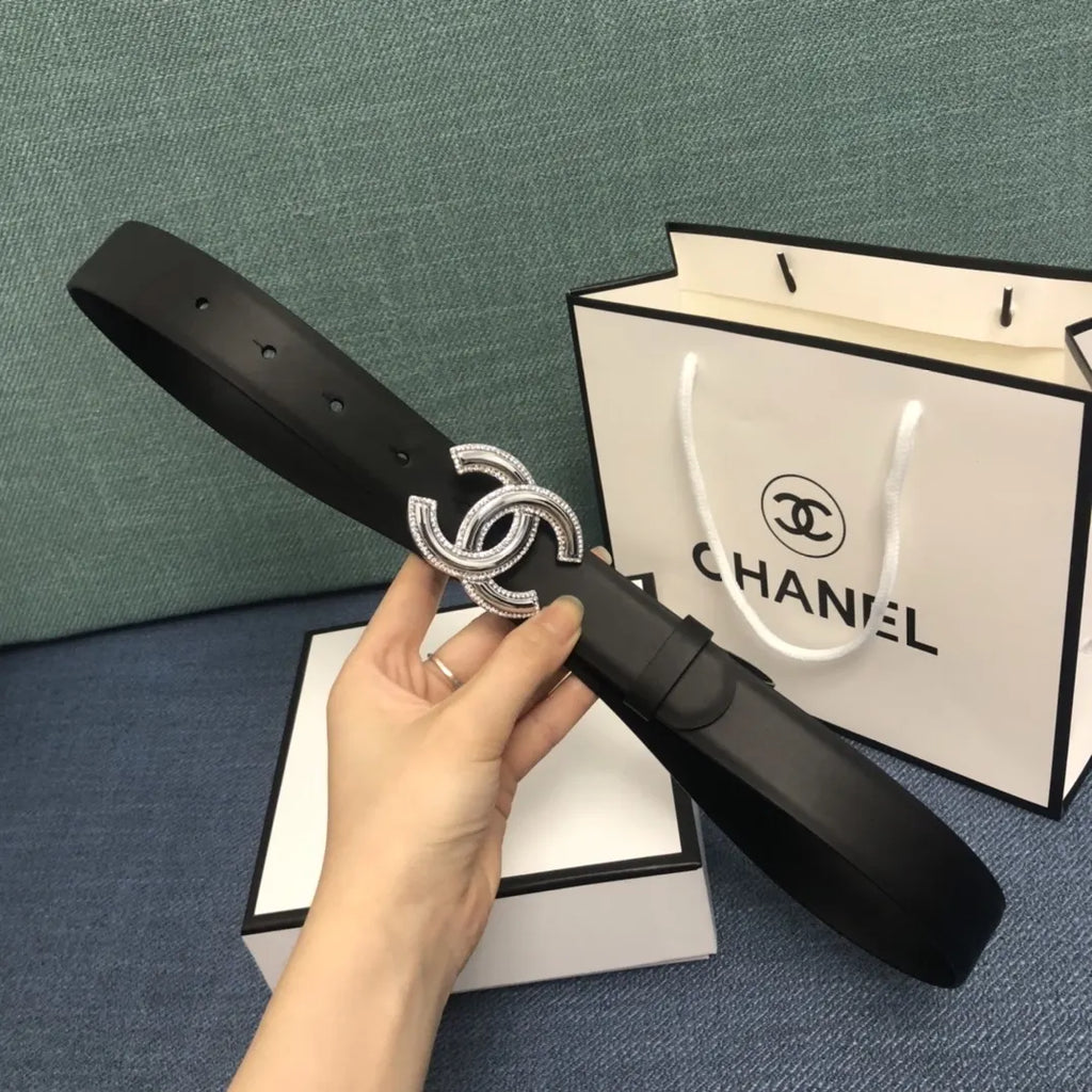 leather silver Chanel Crystal CC Black Belt - Hình 5