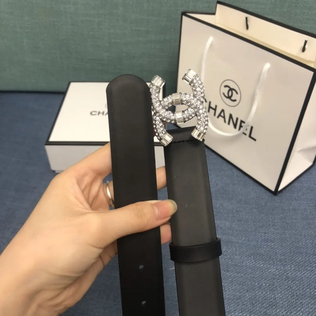 leather buckle Chanel Crystal CC Black Belt - Hình 2