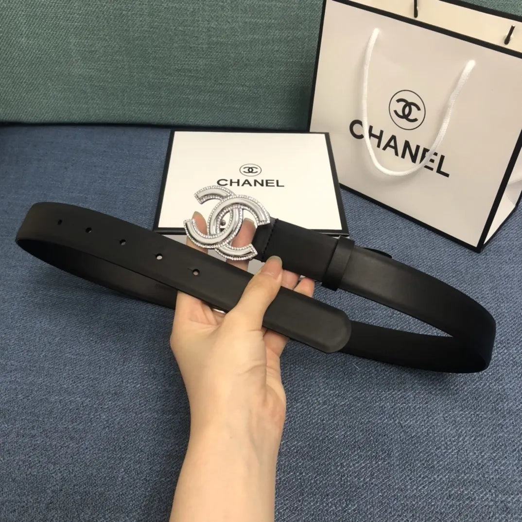 leather silver Chanel Crystal CC Black Belt - Hình 6