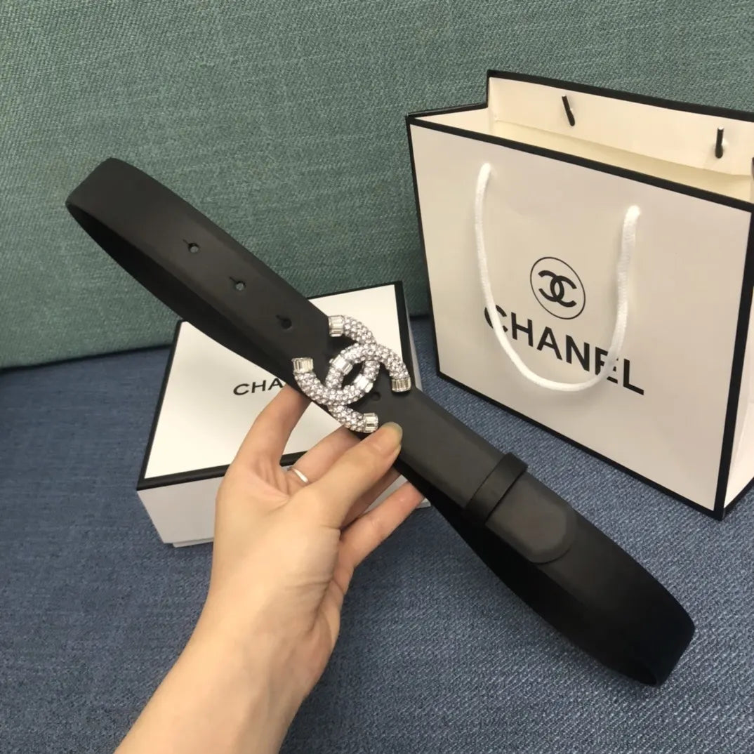 leather buckle Chanel Crystal CC Black Belt - Hình 3