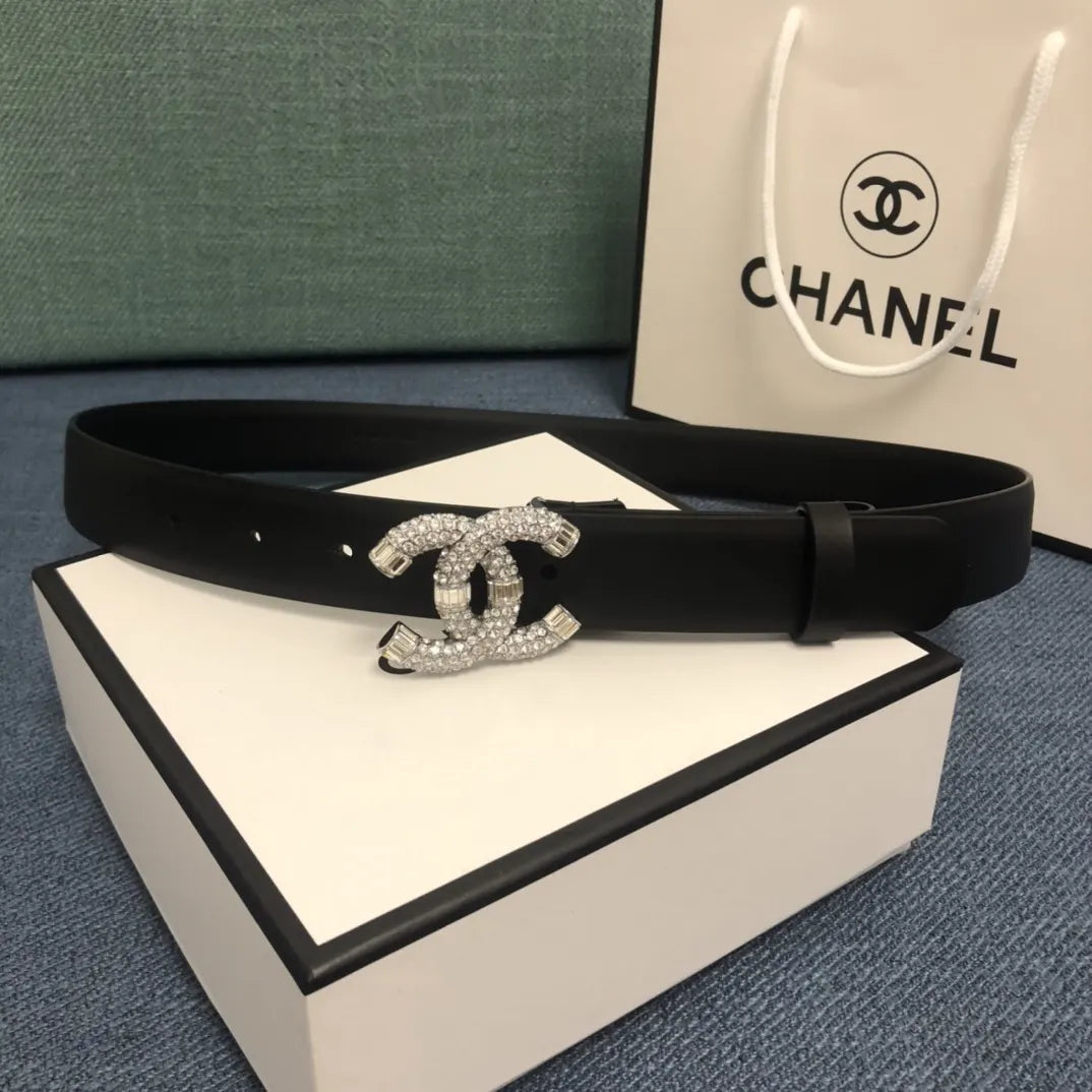 leather buckle Chanel Crystal CC Black Belt - Hình 4