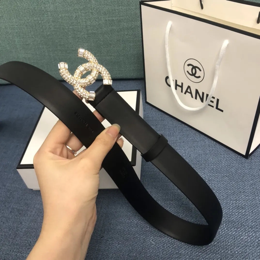 leather logo Chanel Crystal CC Black Belt