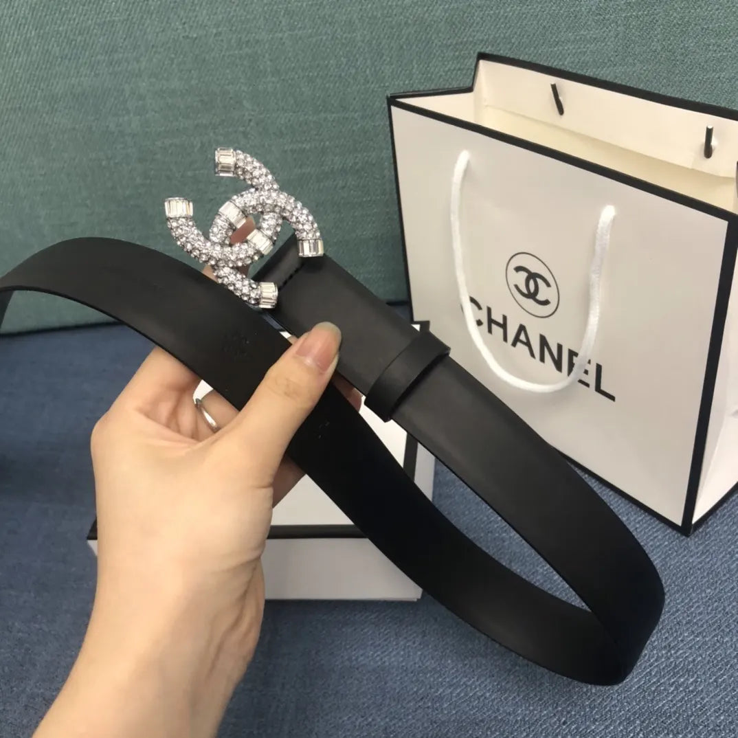 leather buckle Chanel Crystal CC Black Belt - Hình 5