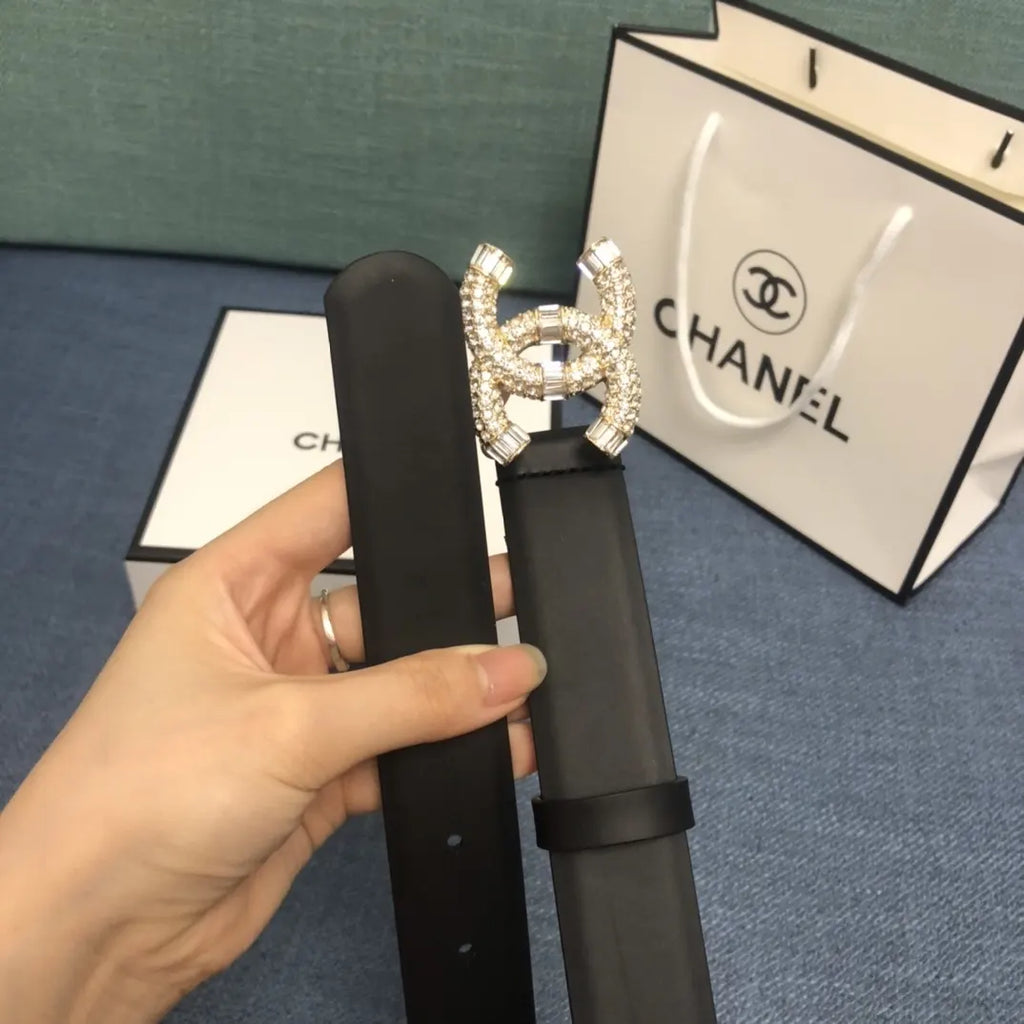 leather logo Chanel Crystal CC Black Belt - Hình 2