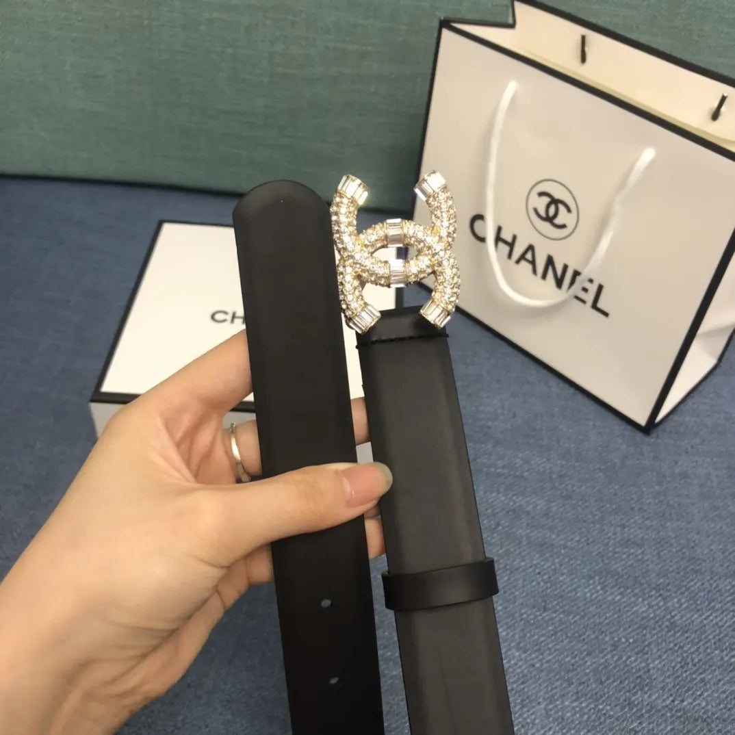 leather logo Chanel Crystal CC Black Belt - Hình 2