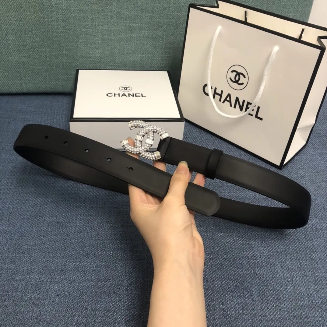 leather buckle Chanel Crystal CC Black Belt - Hình 6