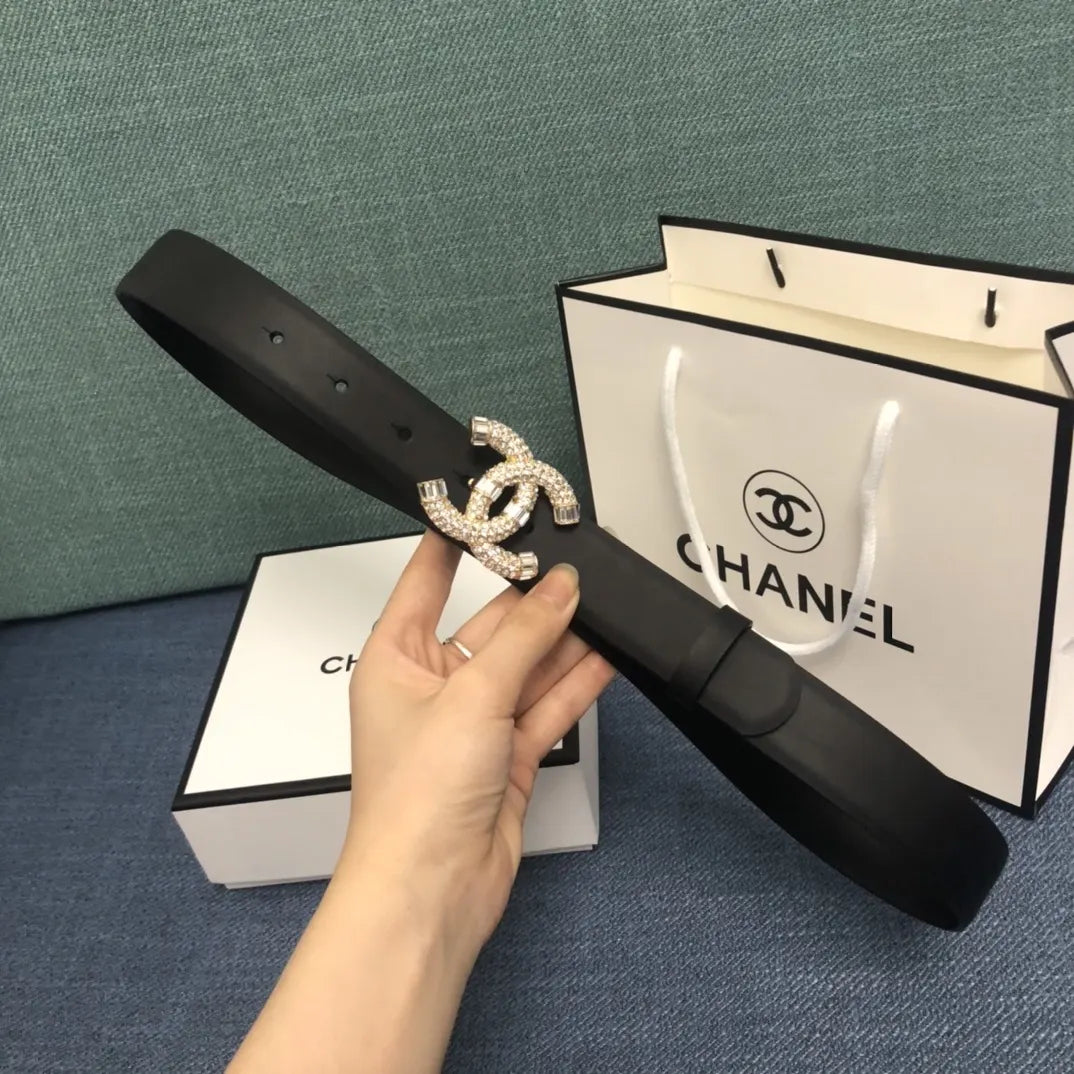 leather logo Chanel Crystal CC Black Belt - Hình 3
