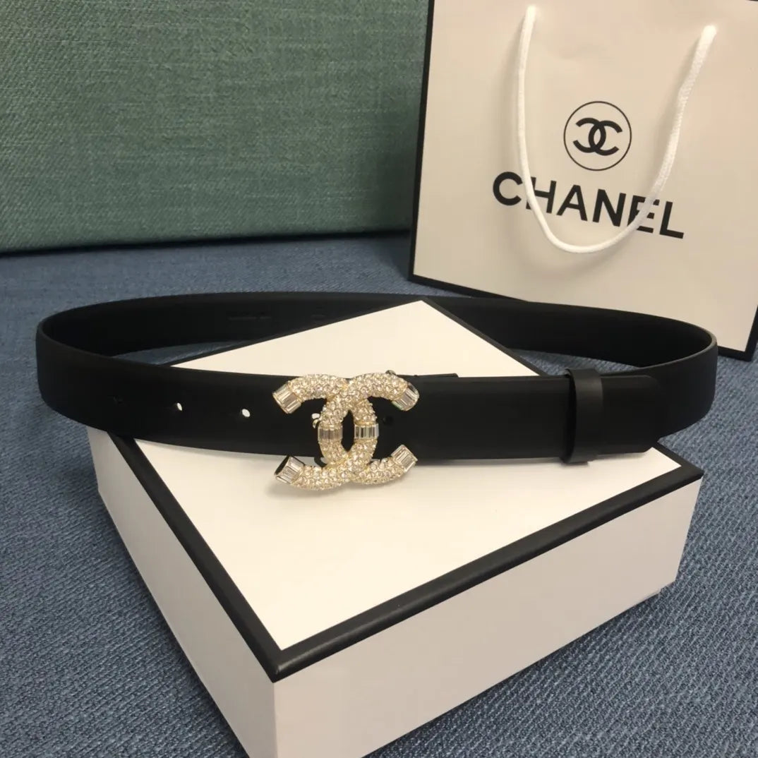 leather logo Chanel Crystal CC Black Belt - Hình 4