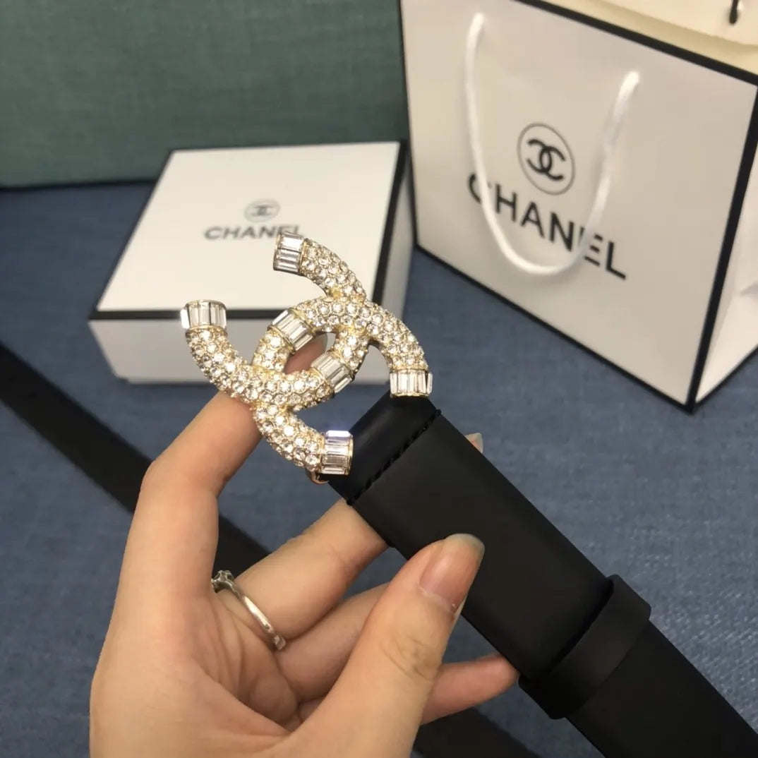 leather logo Chanel Crystal CC Black Belt - Hình 5