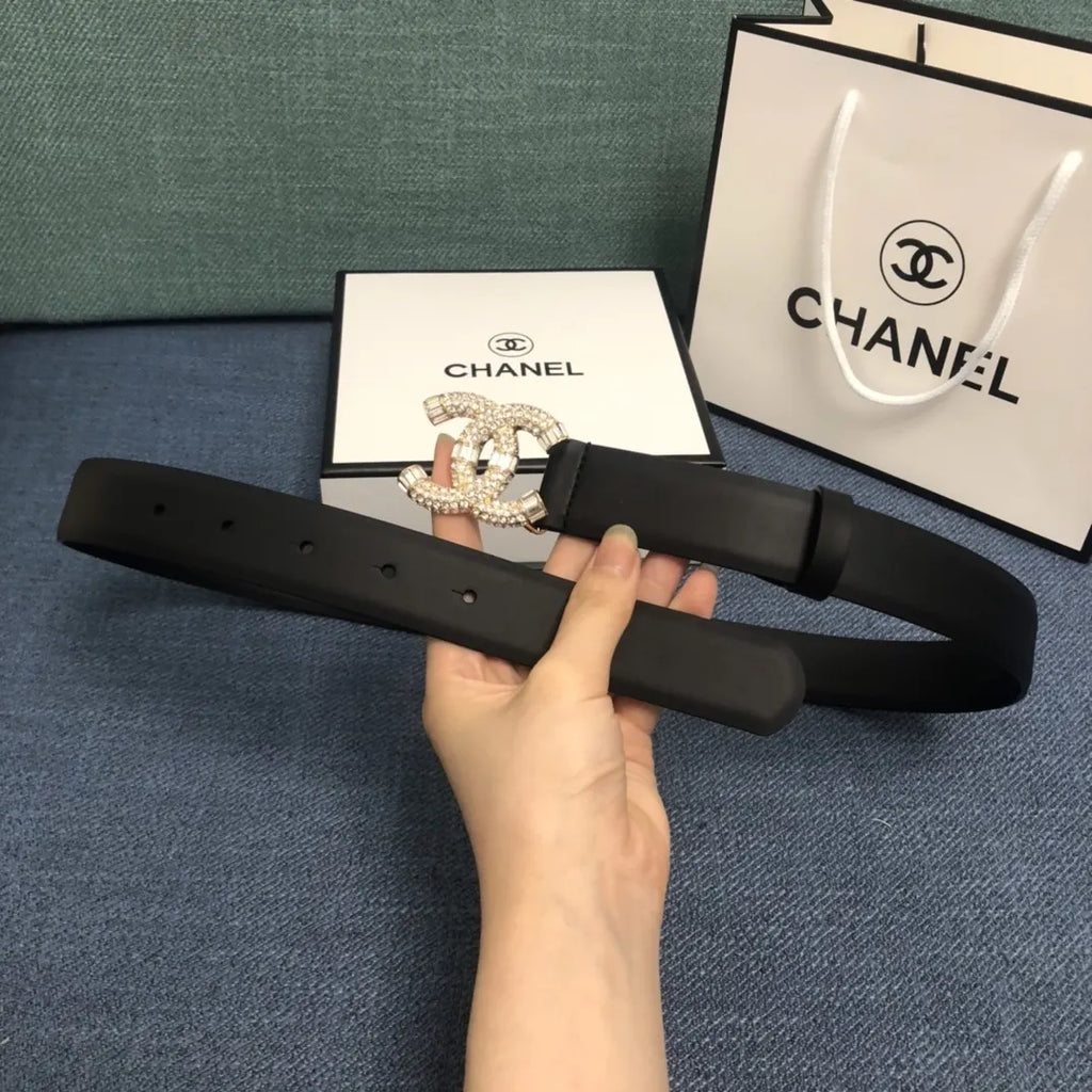 leather logo Chanel Crystal CC Black Belt - Hình 6