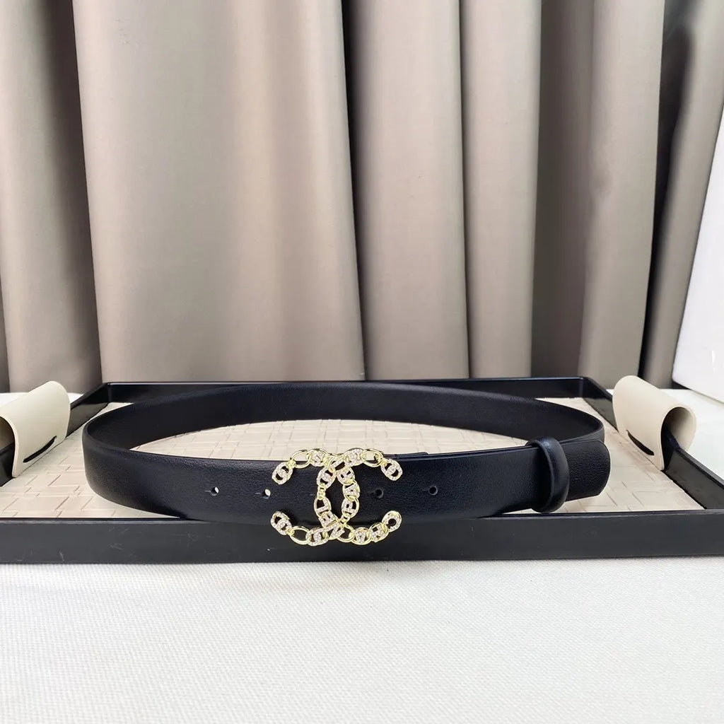 gold Chanel Black Leather Chain CC Belt