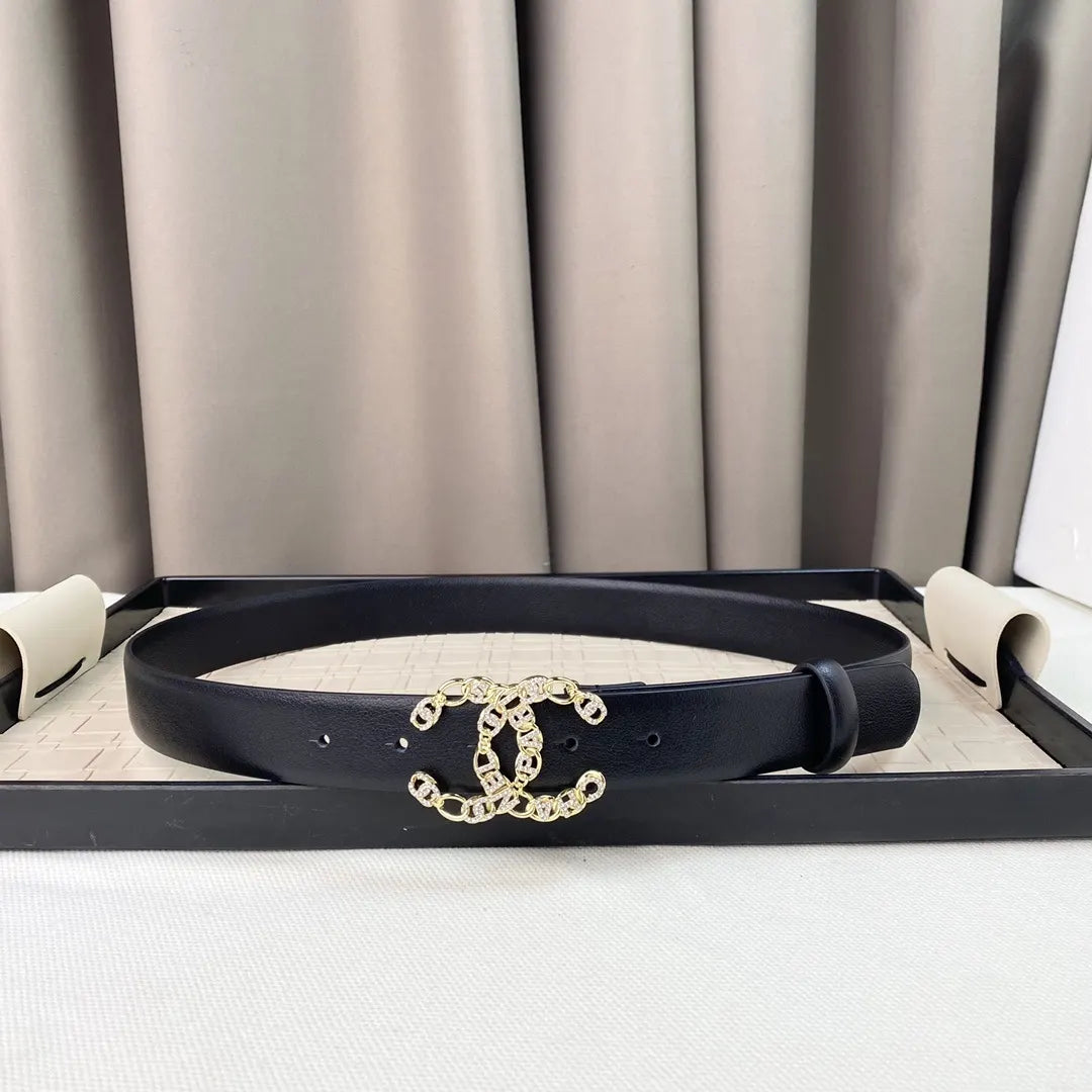 gold Chanel Black Leather Chain CC Belt