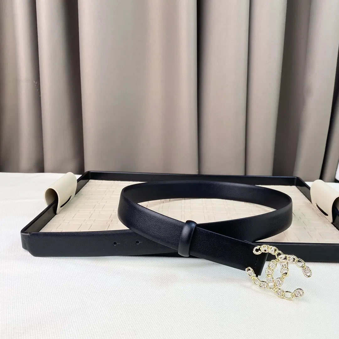 gold Chanel Black Leather Chain CC Belt - Hình 2